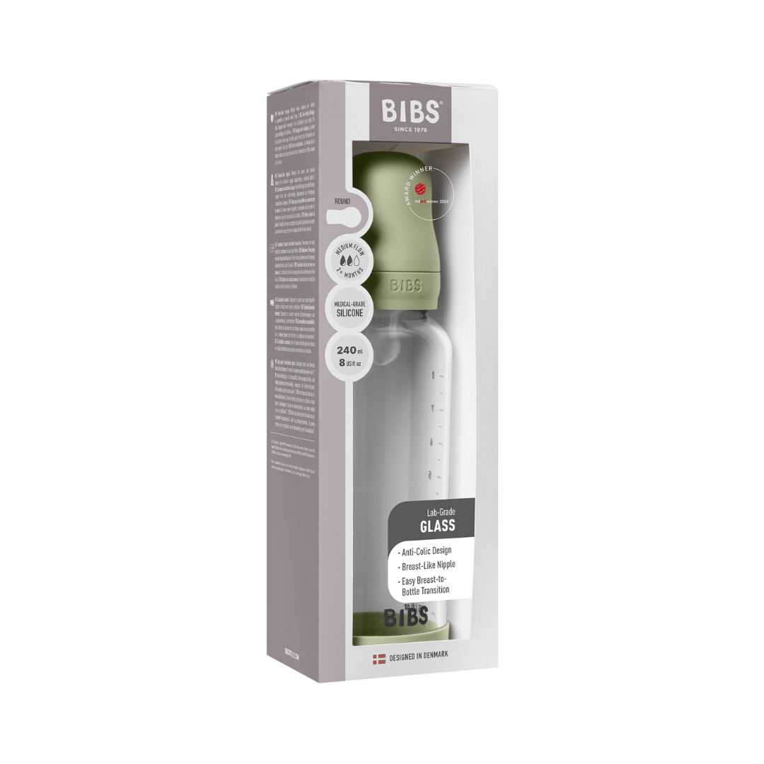 BIBS - Set complet biberon din sticla anticolici cu tetina din silicon, flux mediu, 240 ml, Sage