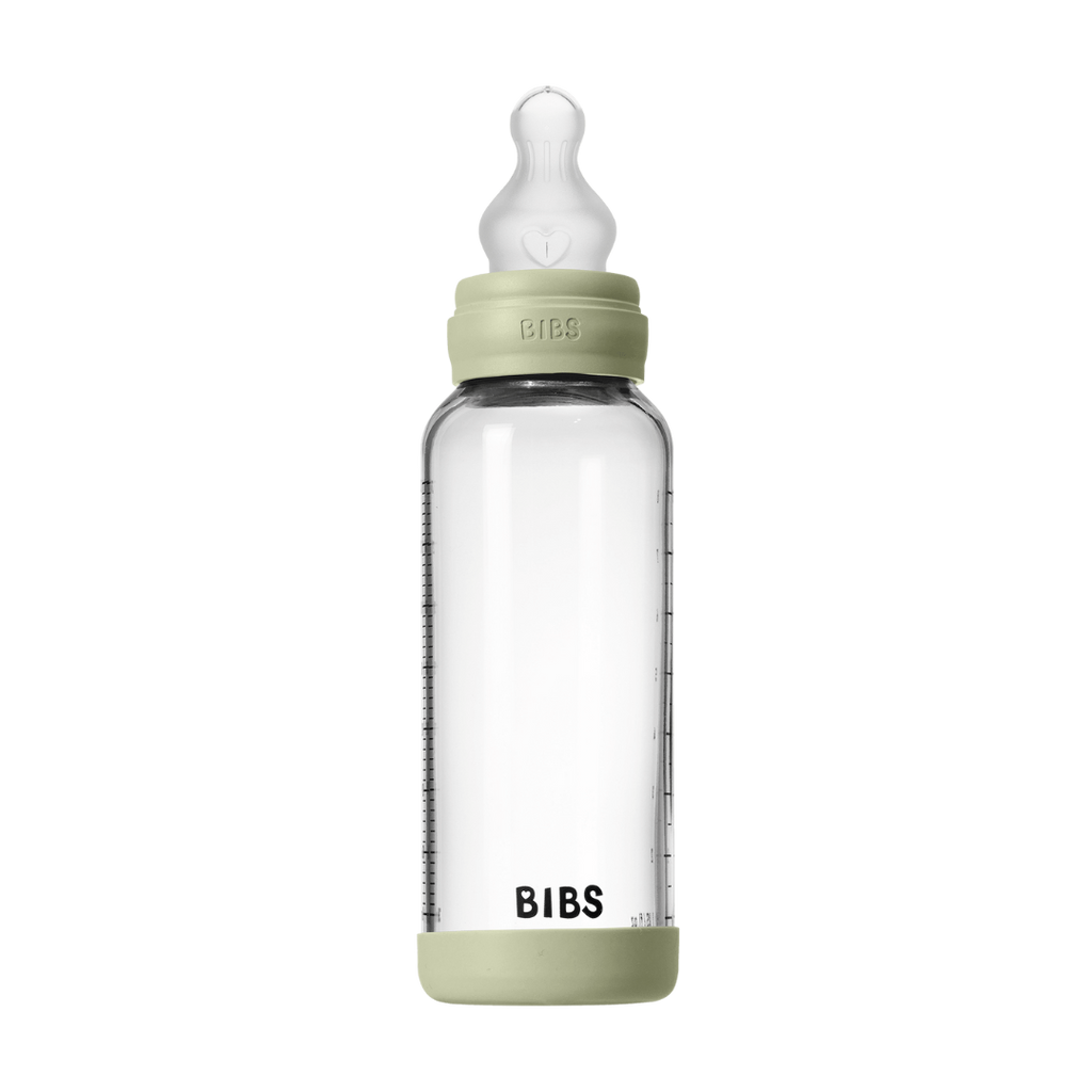 BIBS - Set complet biberon din sticla anticolici cu tetina din silicon, flux mediu, 240 ml, Sage