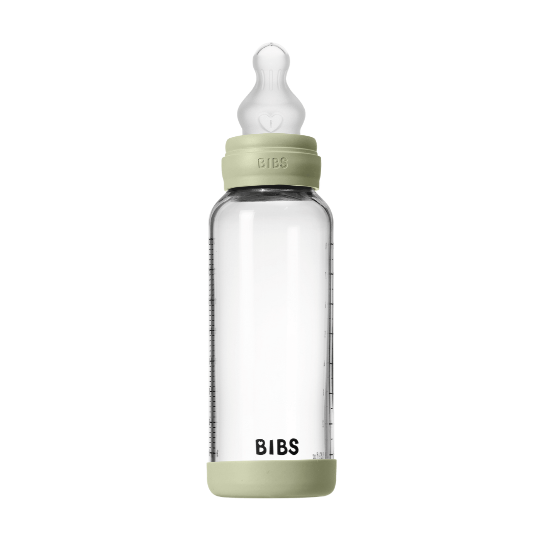 BIBS - Set complet biberon din sticla anticolici cu tetina din silicon, flux mediu, 240 ml, Sage