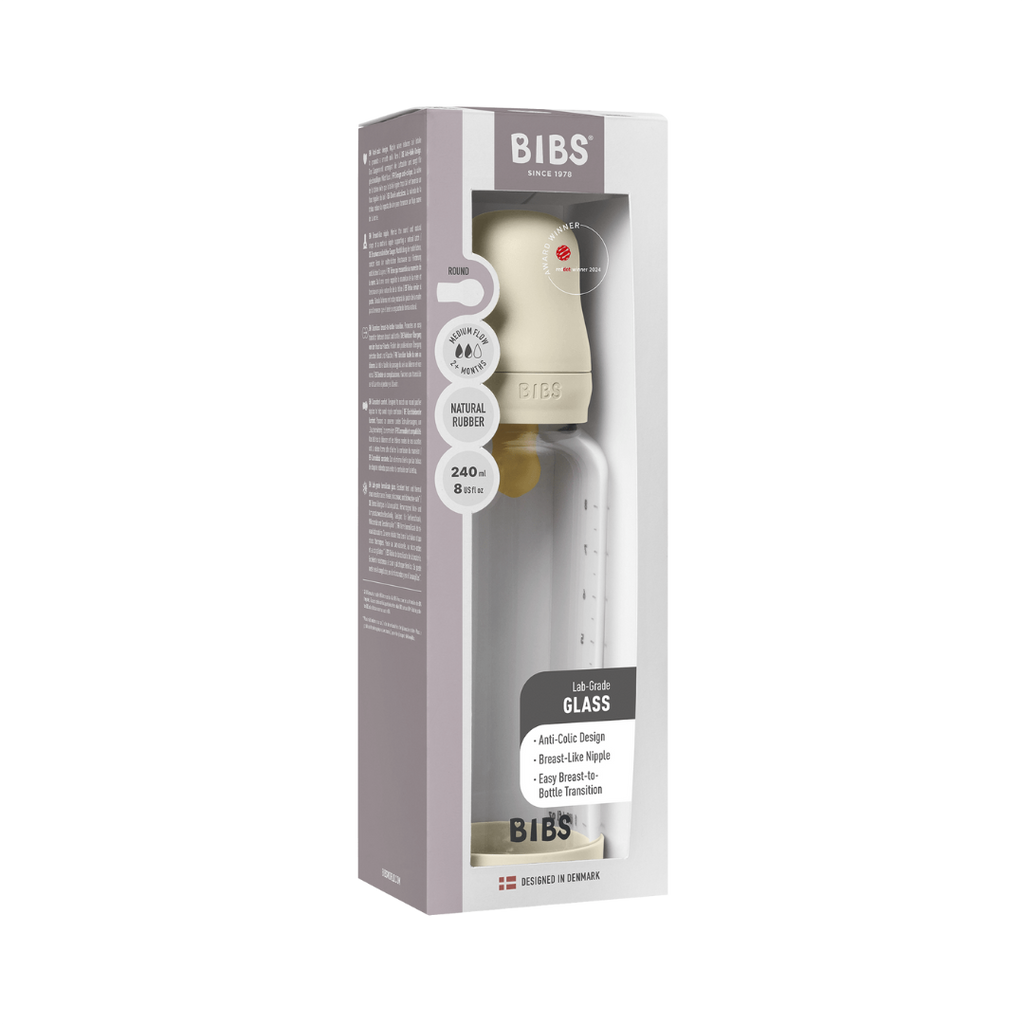 BIBS - Set complet biberon din sticla anticolici cu tetina din latex, flux mediu, 240 ml, Ivory