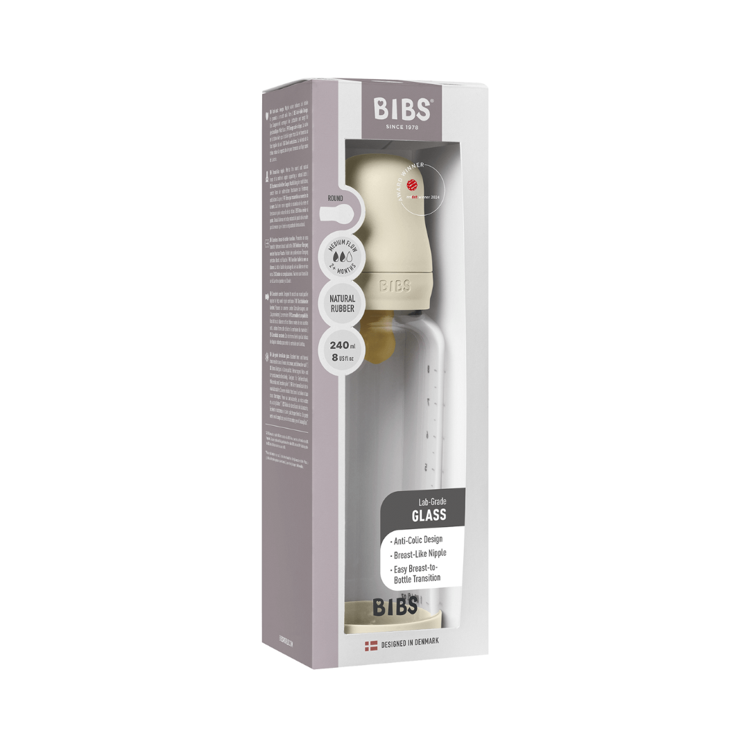 BIBS - Set complet biberon din sticla anticolici cu tetina din latex, flux mediu, 240 ml, Ivory