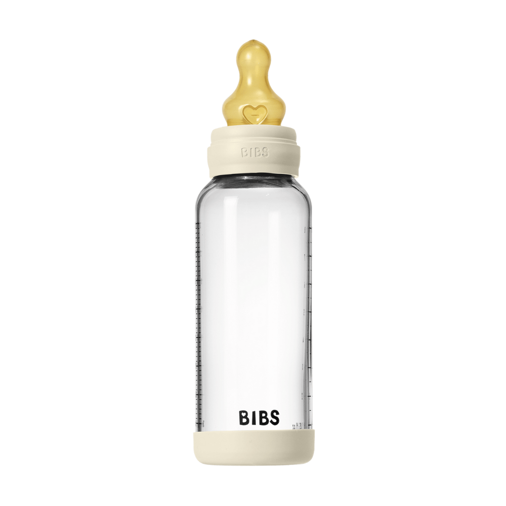 BIBS - Set complet biberon din sticla anticolici cu tetina din latex, flux mediu, 240 ml, Ivory