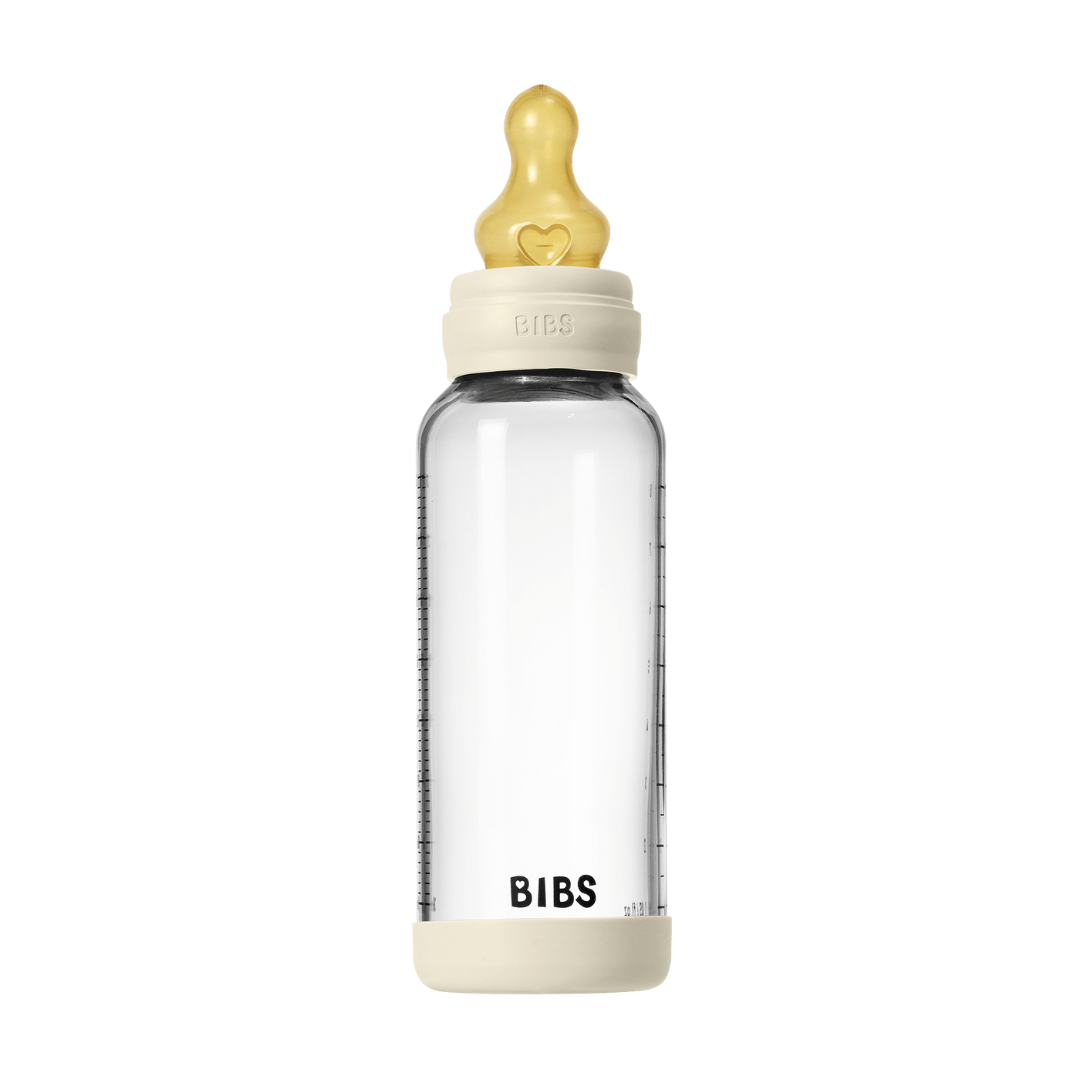 BIBS - Set complet biberon din sticla anticolici cu tetina din latex, flux mediu, 240 ml, Ivory
