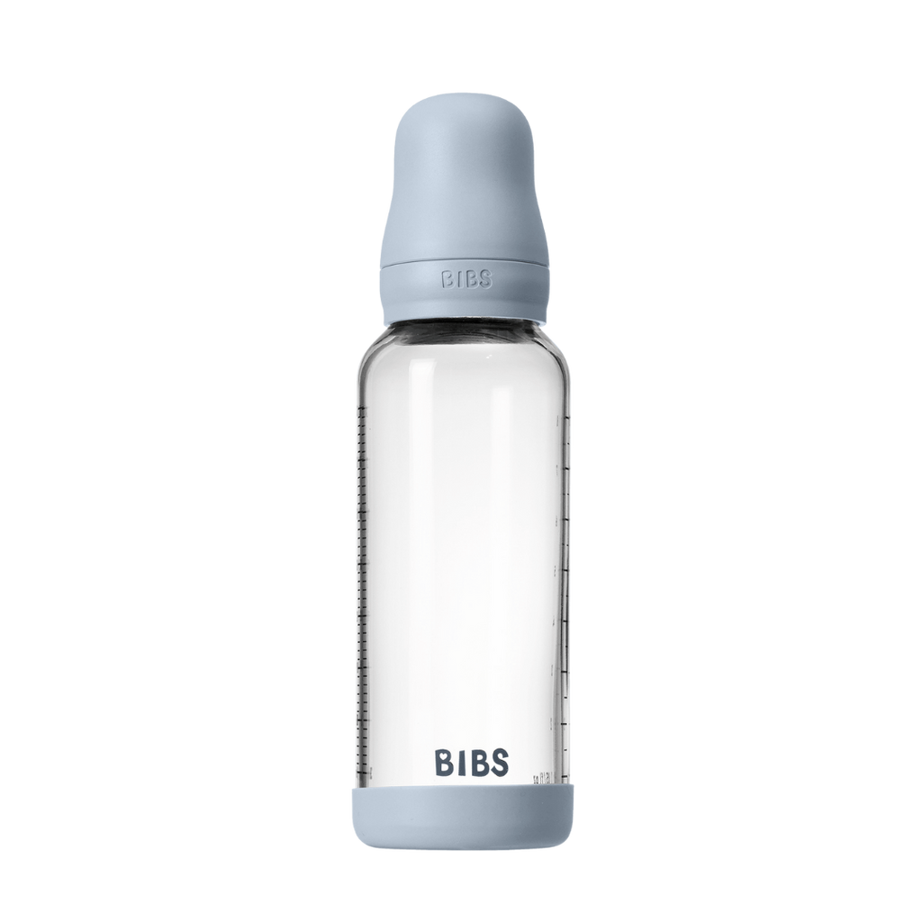 BIBS - Set complet biberon din sticla anticolici cu tetina din latex, flux mediu, 240 ml, Baby Blue