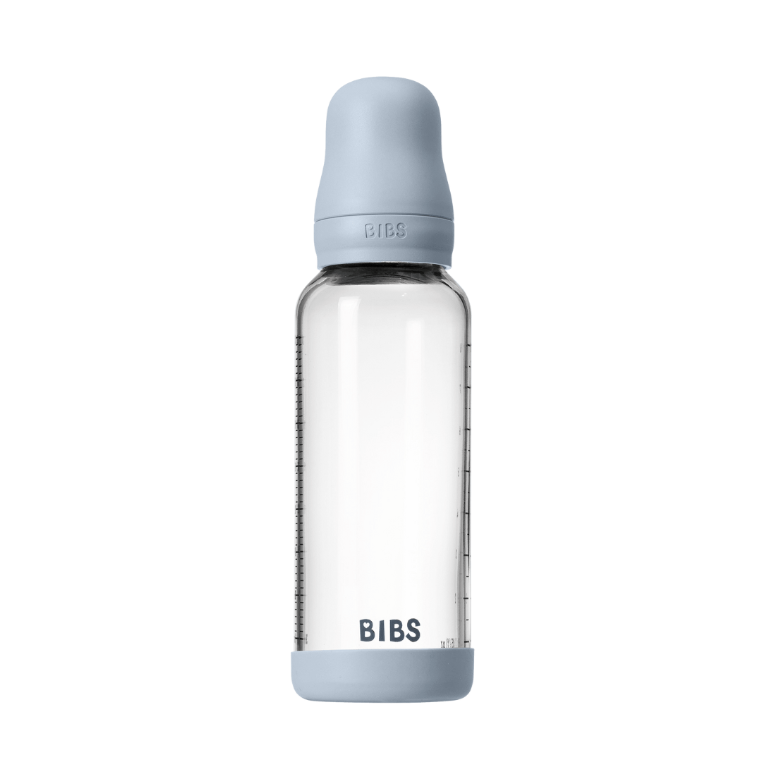BIBS - Set complet biberon din sticla anticolici cu tetina din latex, flux mediu, 240 ml, Baby Blue