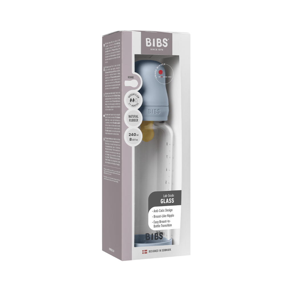 BIBS - Set complet biberon din sticla anticolici cu tetina din latex, flux mediu, 240 ml, Baby Blue