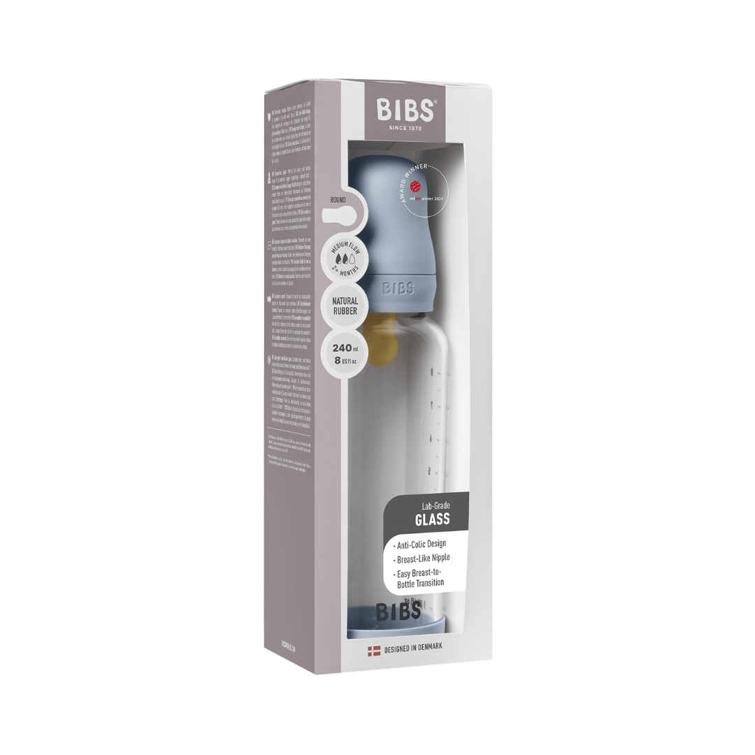 BIBS - Set complet biberon din sticla anticolici cu tetina din latex, flux mediu, 240 ml, Baby Blue