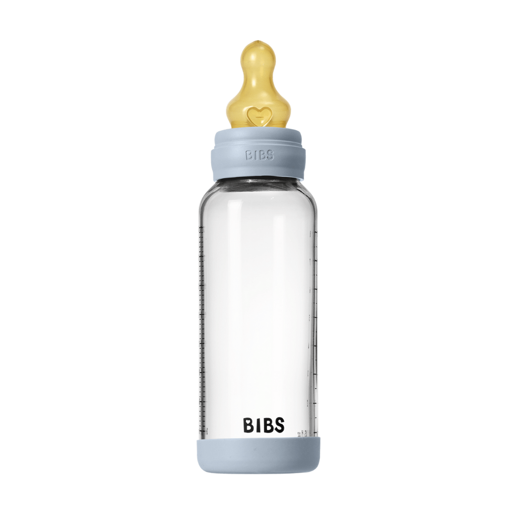 BIBS - Set complet biberon din sticla anticolici cu tetina din latex, flux mediu, 240 ml, Baby Blue