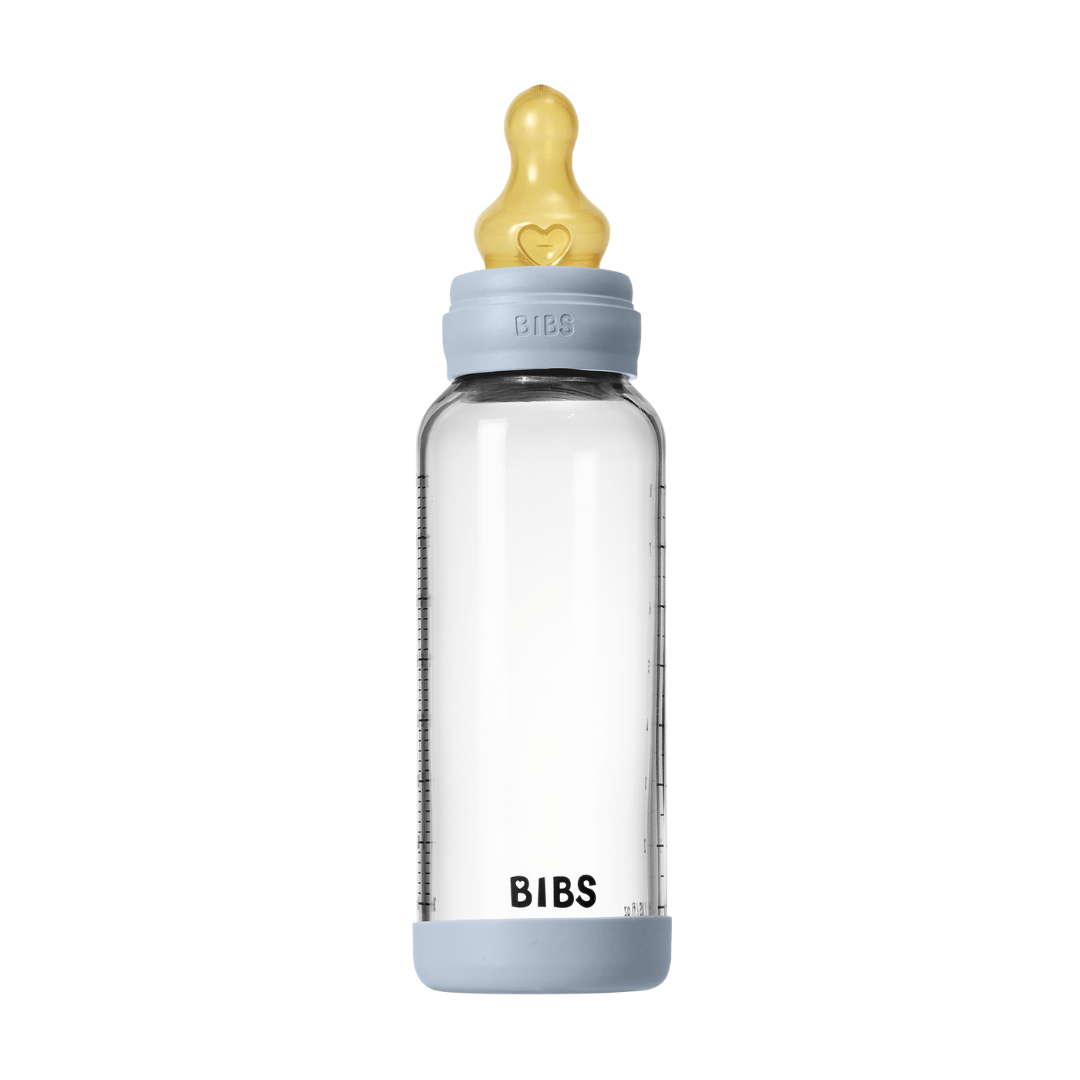BIBS - Set complet biberon din sticla anticolici cu tetina din latex, flux mediu, 240 ml, Baby Blue