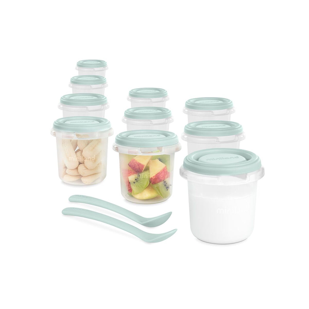 Set 10 recipiente ermetice gradate si 2 lingurite Miniland Mint 200 ml