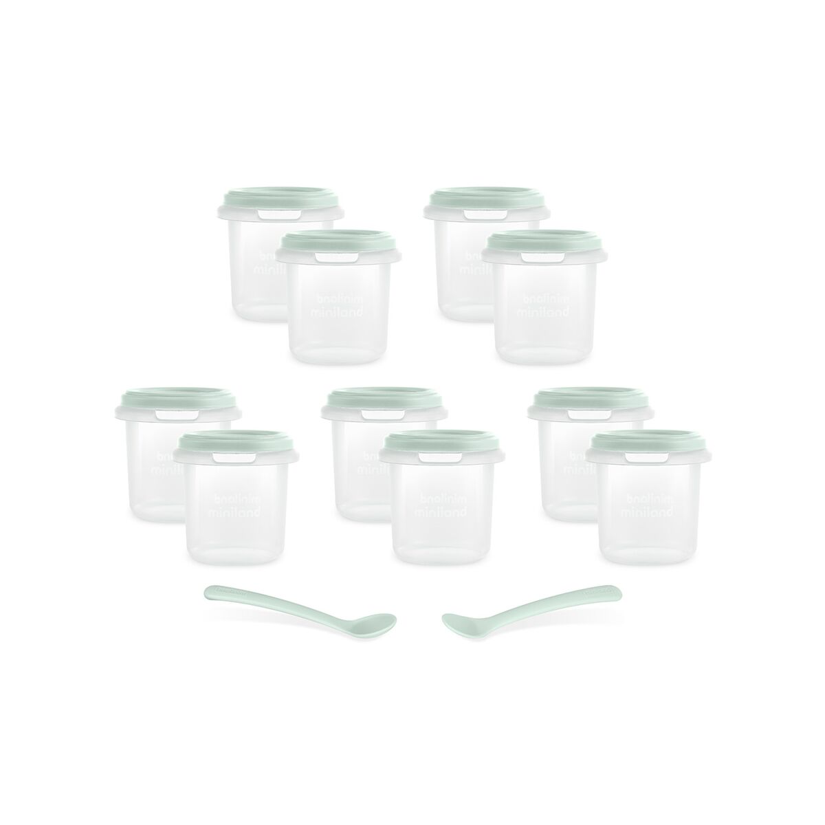 Set 10 recipiente ermetice gradate si 2 lingurite Miniland Mint 200 ml