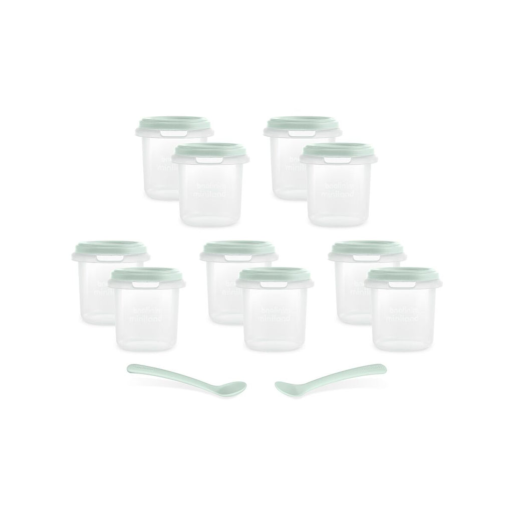 Set 10 recipiente ermetice gradate si 2 lingurite Miniland Mint 200 ml