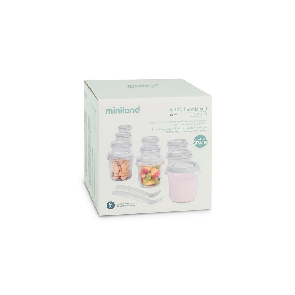 Set 10 recipiente ermetice gradate si 2 lingurite Miniland Mint 200 ml