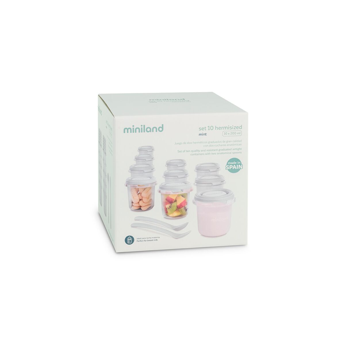 Set 10 recipiente ermetice gradate si 2 lingurite Miniland Mint 200 ml