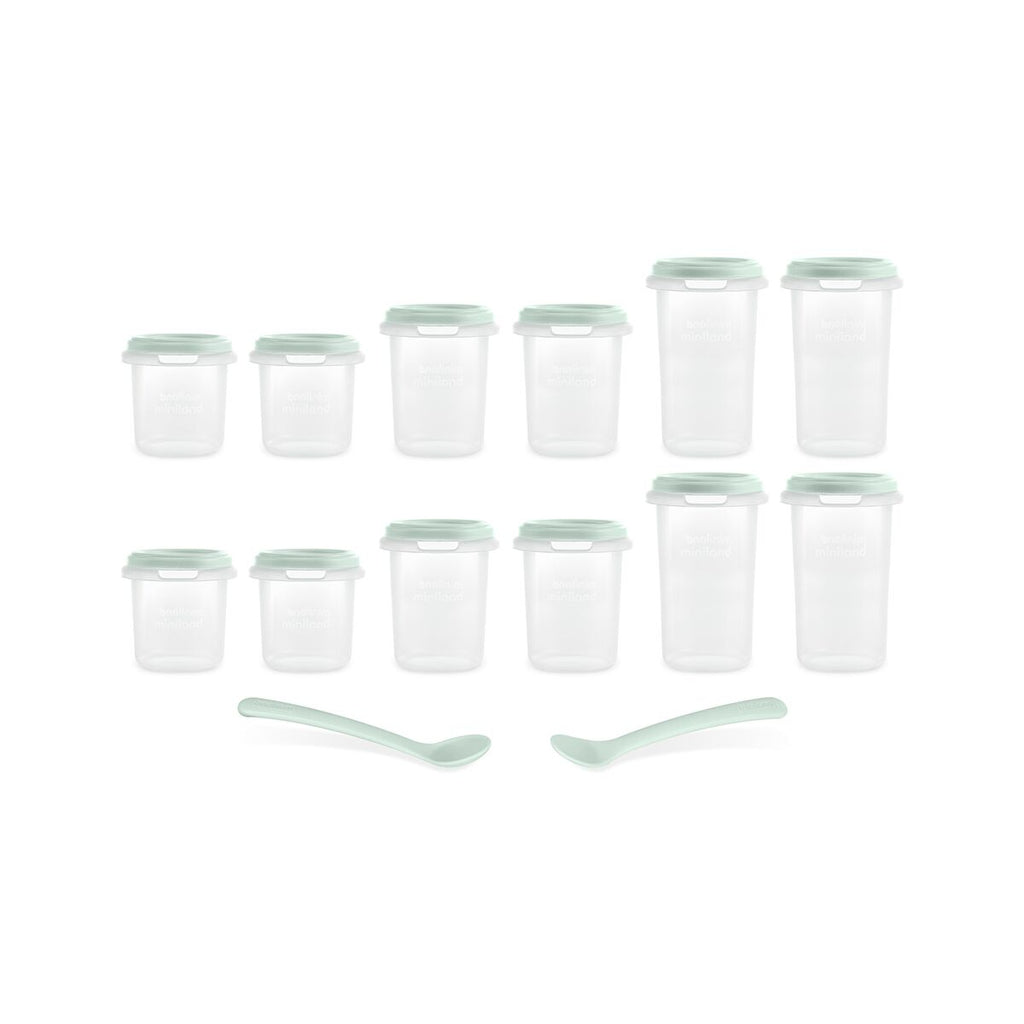 Set of 12 graduated containers with 2 Miniland Mint spoons, 200, 250 and 330 ml