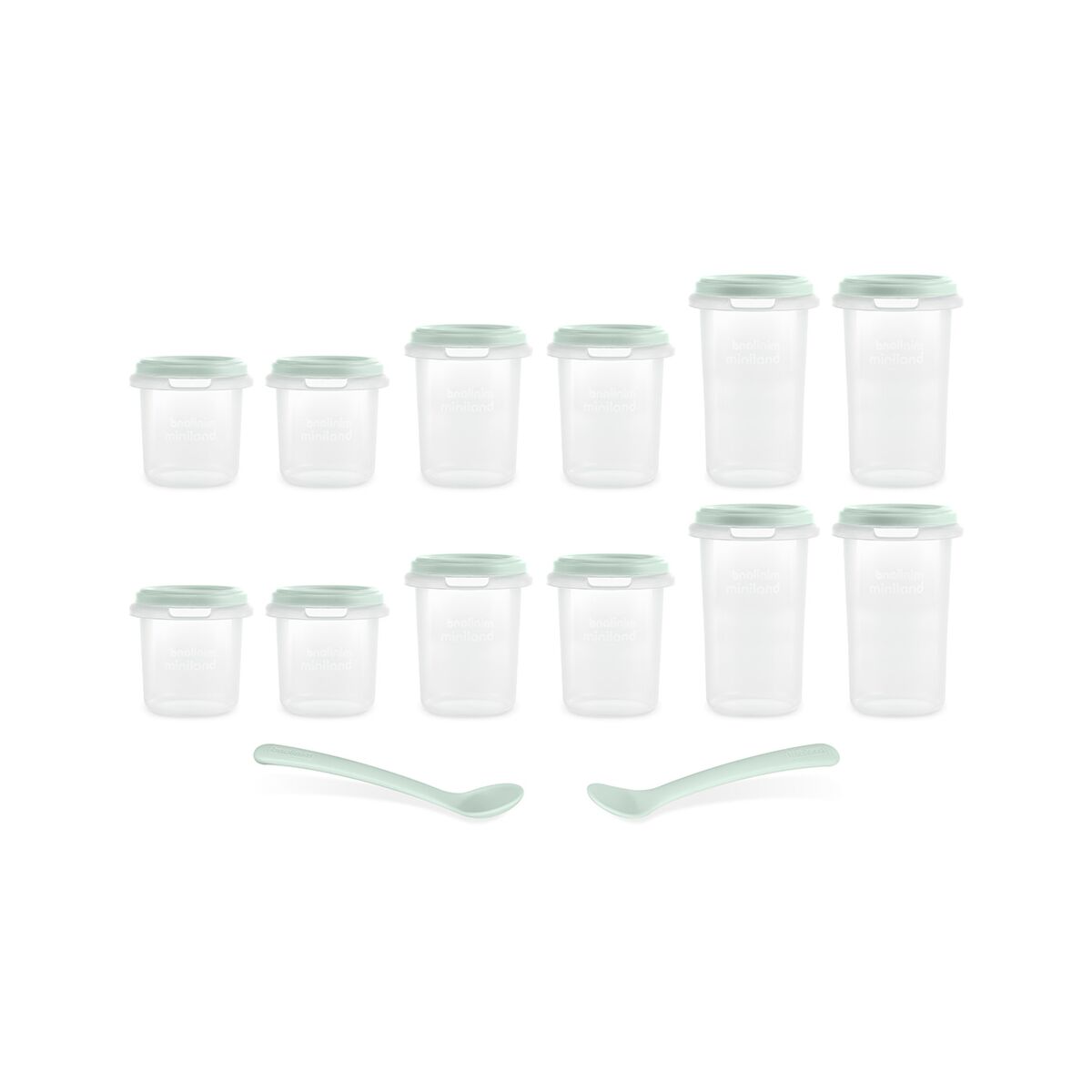 Set 12 recipiente gradate cu 2 lingurite Miniland Mint, 200, 250 si 330 ml