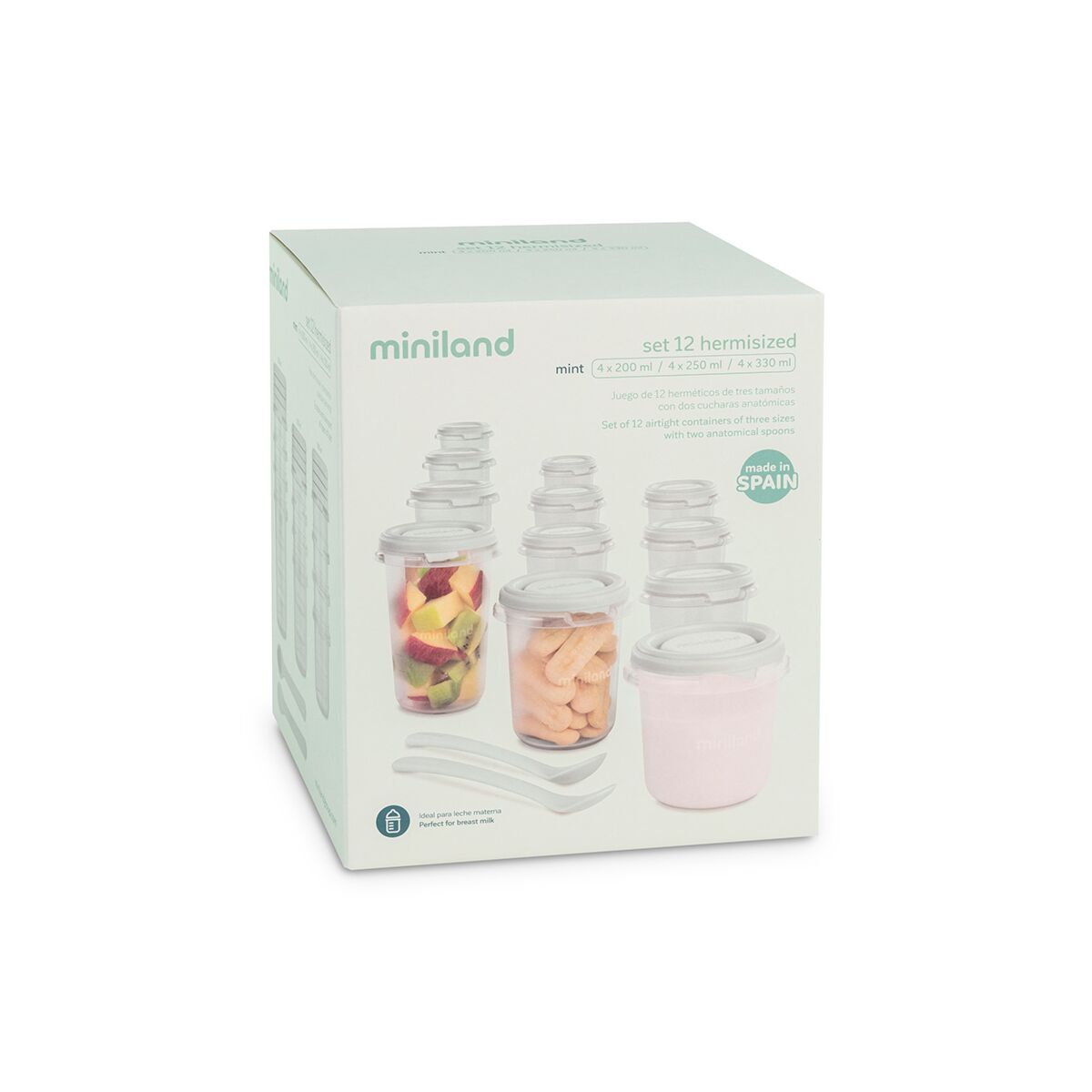 Set 12 recipiente gradate cu 2 lingurite Miniland Mint, 200, 250 si 330 ml