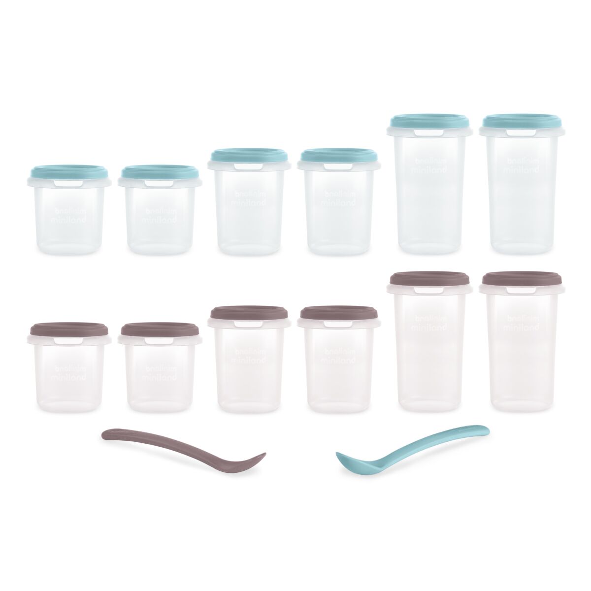 Set 12 recipiente gradate cu 2 lingurite Miniland Terra, 200, 250 si 330 ml