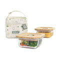 Set 2 caserole din sticla Miniland, capace din lemn si husa de transport Pack-2-Go EcoSquare Frog