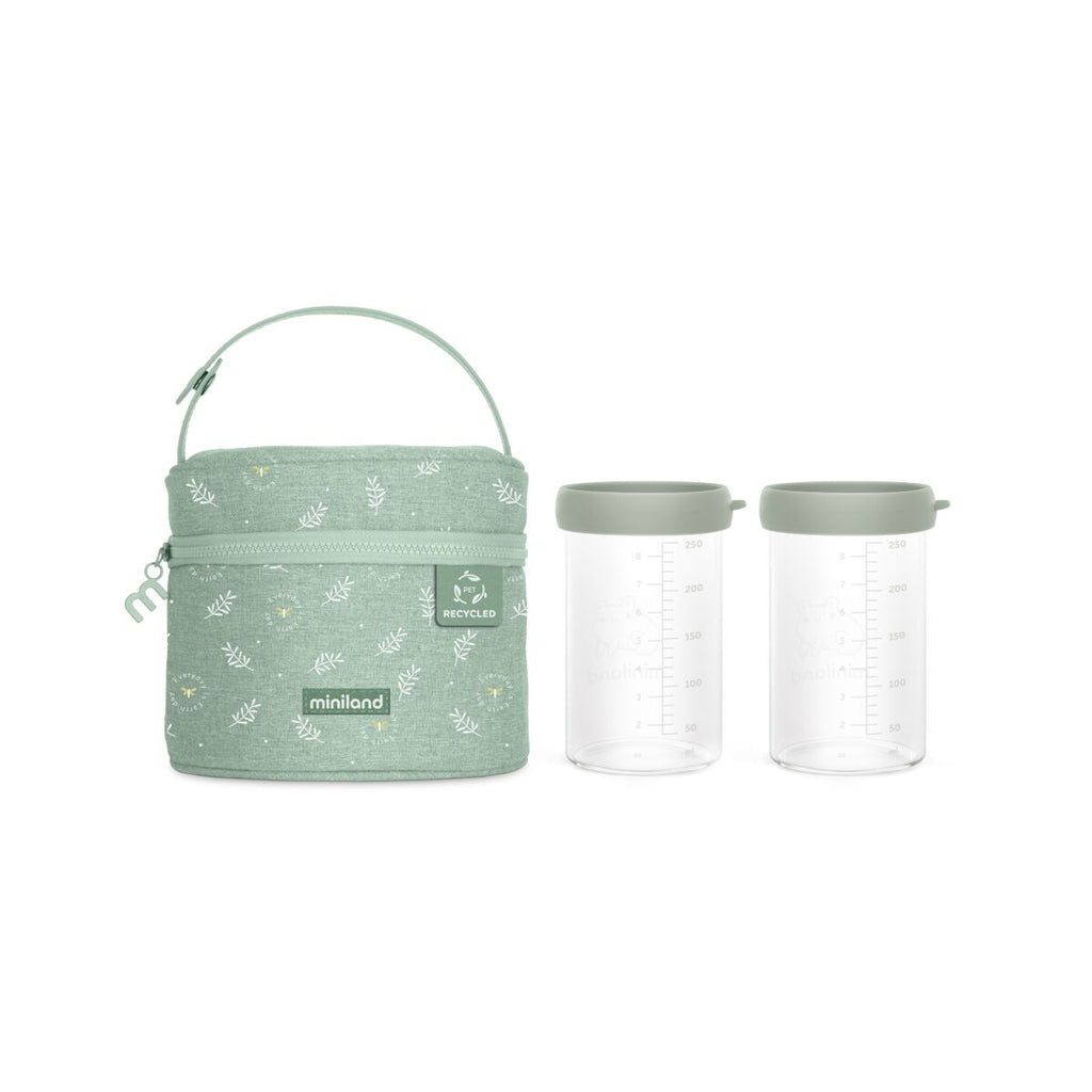 Set recipiente sticla Miniland, pentru hrana bebelusi, cu geanta termoizolantă Pack-2-Go EcoSized Frog