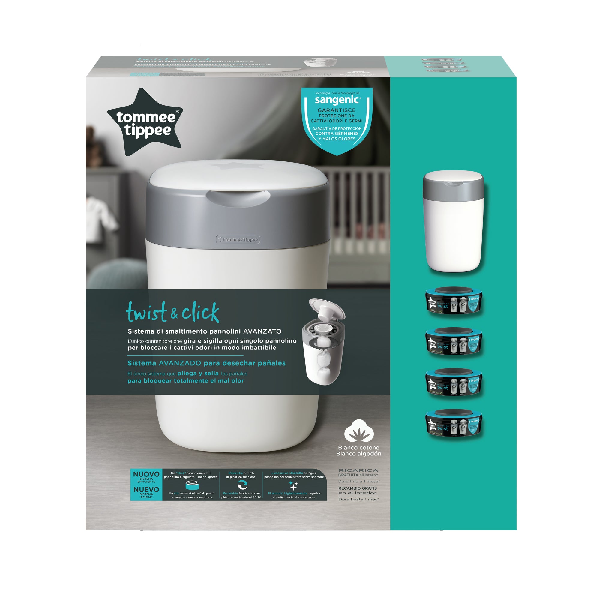 Pachet 4 Rezerve Sangenic TEC + Cos Sangenic TEC Twist Alb, Tommee Tippee