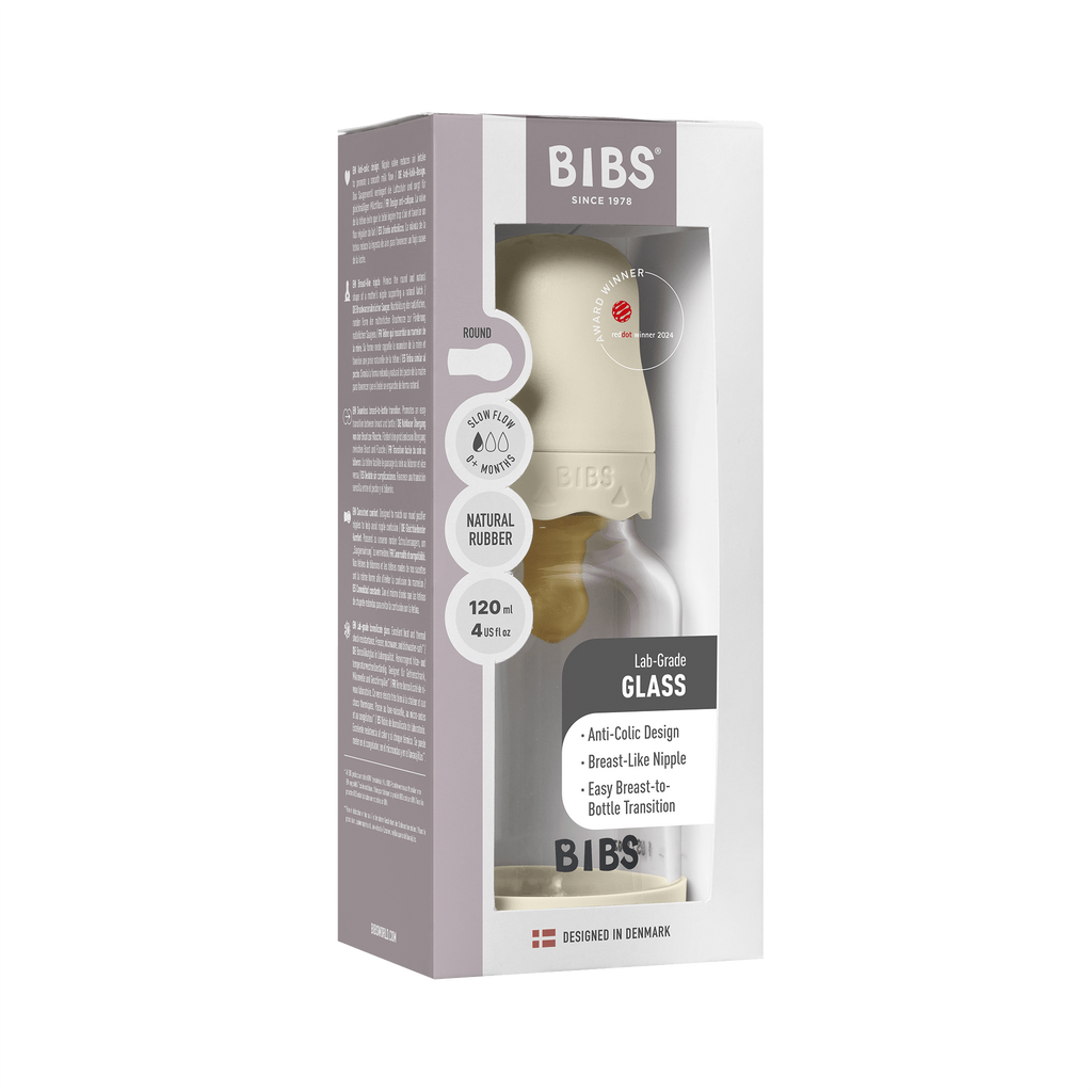 BIBS - Set complet biberon Boheme din sticla anticolici cu tetina din latex, flux lent, 120 ml, Ivory