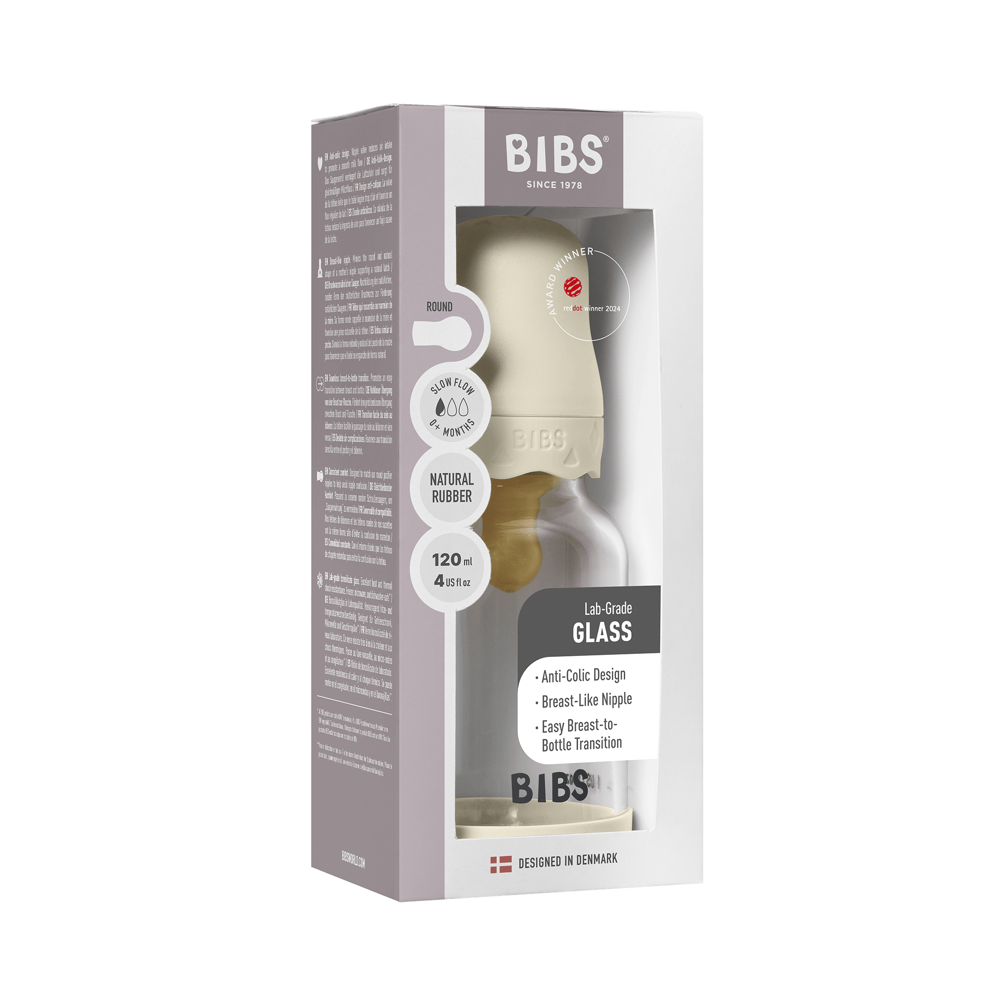 BIBS - Set complet biberon Boheme din sticla anticolici cu tetina din latex, flux lent, 120 ml, Ivory