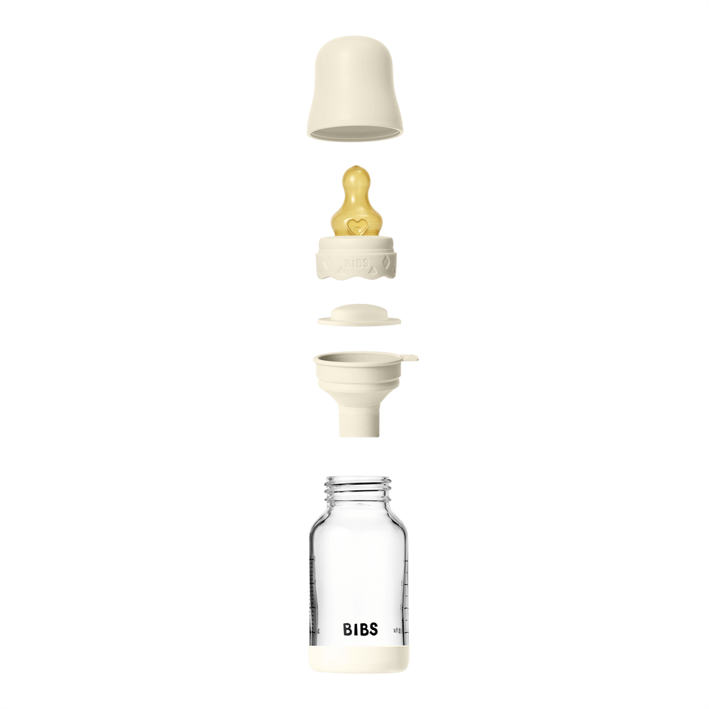 BIBS - Set complet biberon Boheme din sticla anticolici cu tetina din latex, flux lent, 120 ml, Ivory