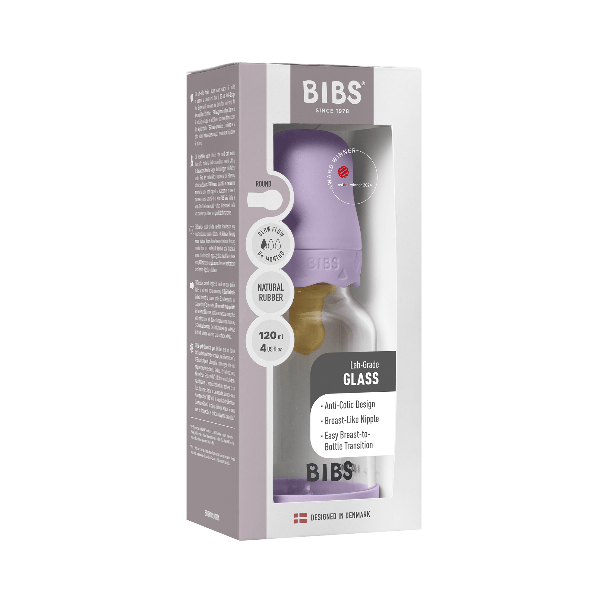 BIBS - Set complet biberon Boheme din sticla anticolici cu tetina din latex, flux lent, 120 ml, Violet Sky