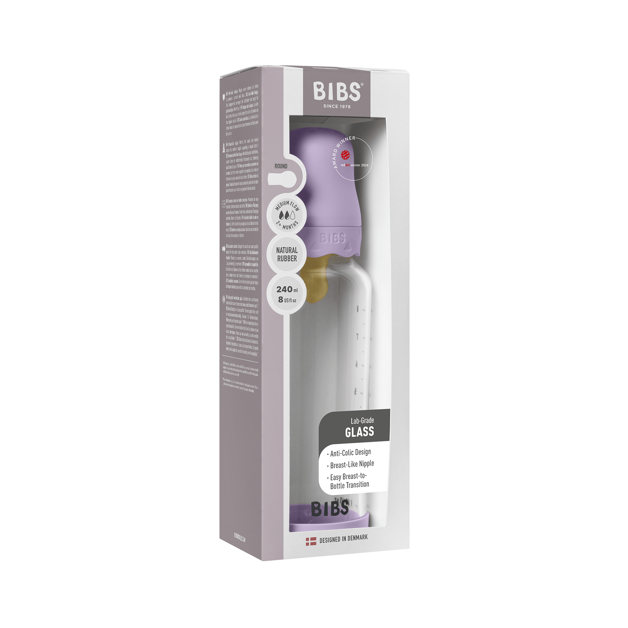 BIBS - Set complet biberon Boheme din sticla anticolici cu tetina din latex, flux mediu, 240 ml, Violet Sky