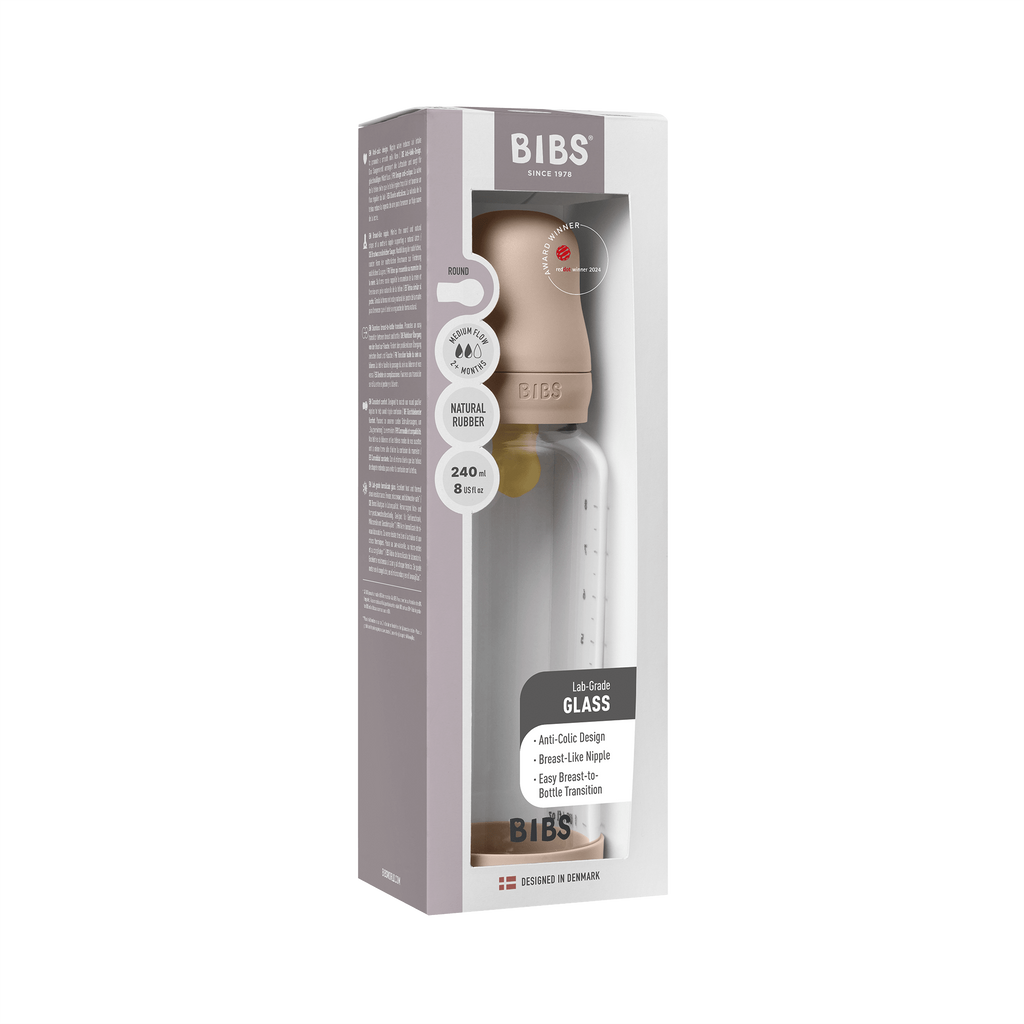BIBS - Set complet biberon din sticla anticolici cu tetina din latex, flux mediu, 240 ml, Blush