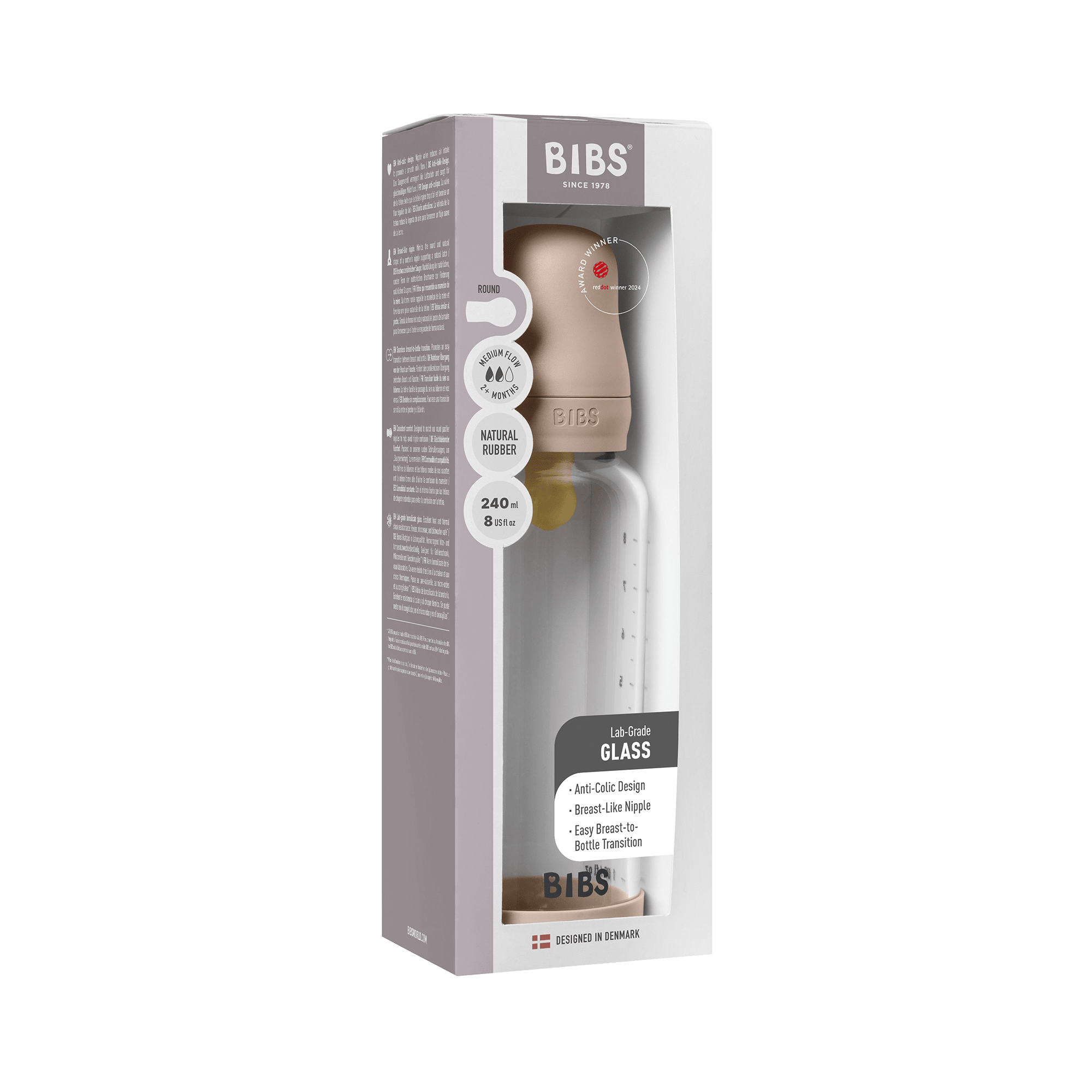 BIBS - Set complet biberon din sticla anticolici cu tetina din latex, flux mediu, 240 ml, Blush