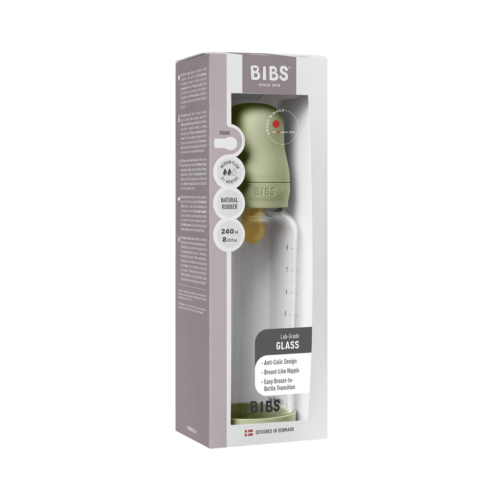 BIBS - Set complet biberon din sticla anticolici cu tetina din latex, flux mediu, 240 ml, Sage