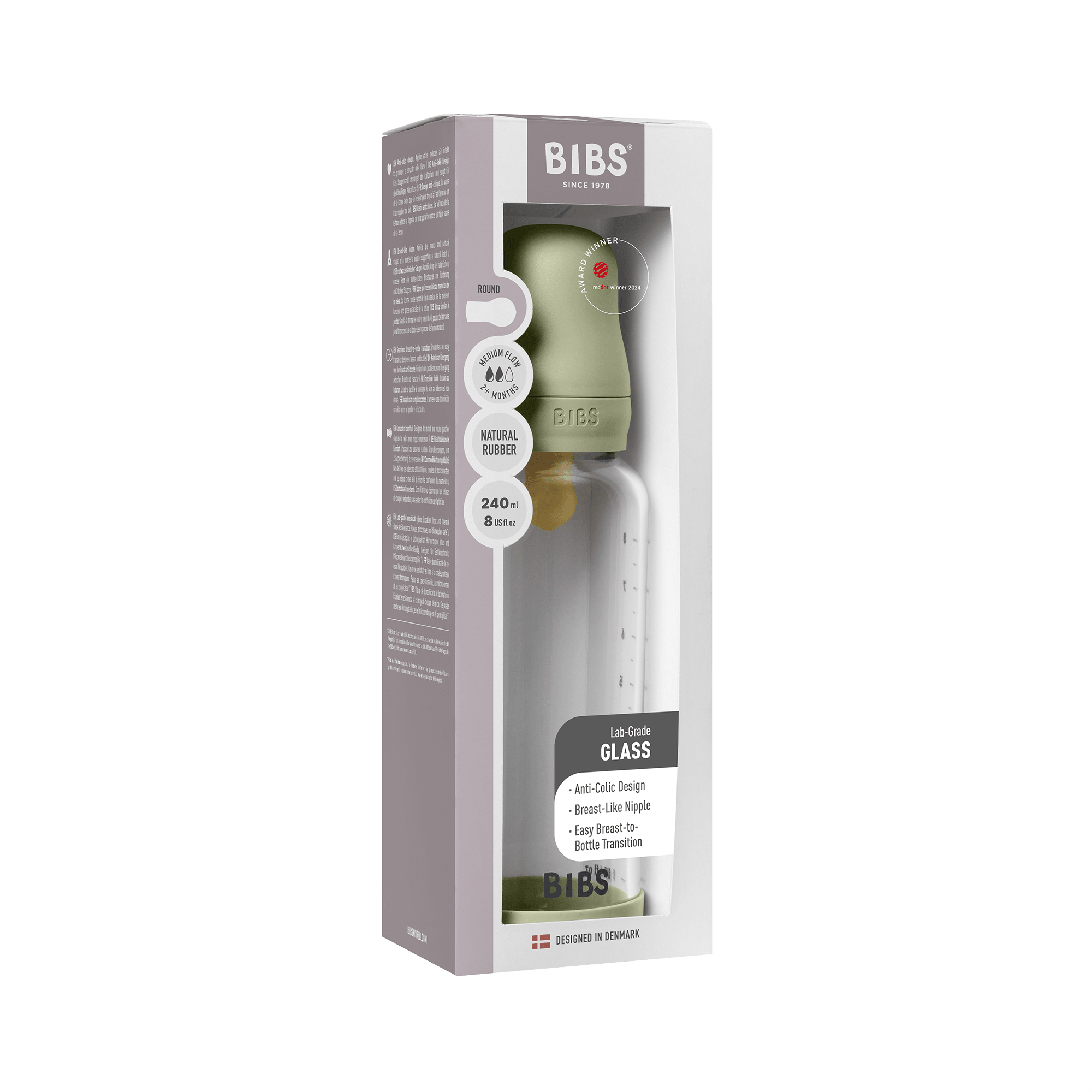 BIBS - Set complet biberon din sticla anticolici cu tetina din latex, flux mediu, 240 ml, Sage