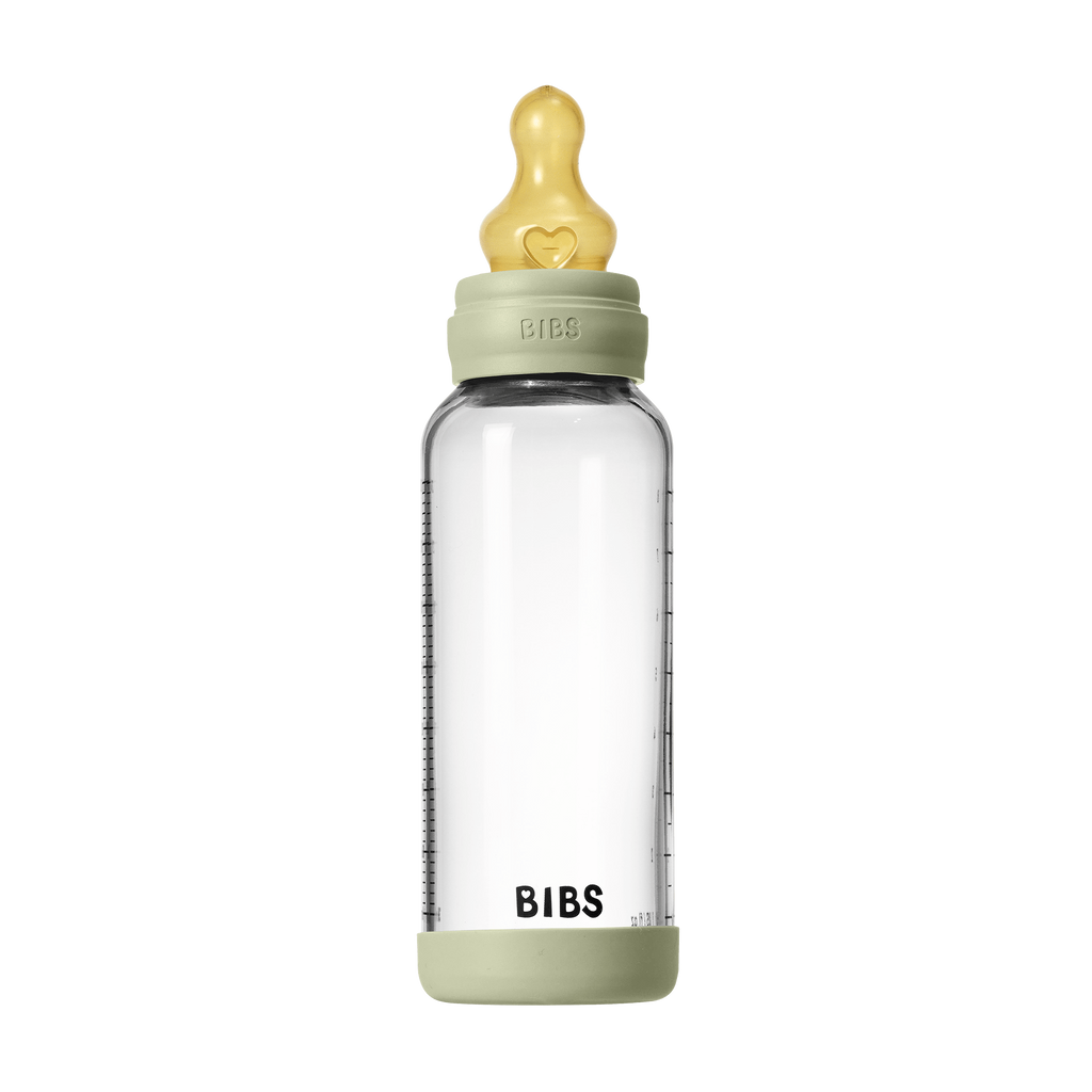 BIBS - Set complet biberon din sticla anticolici cu tetina din latex, flux mediu, 240 ml, Sage