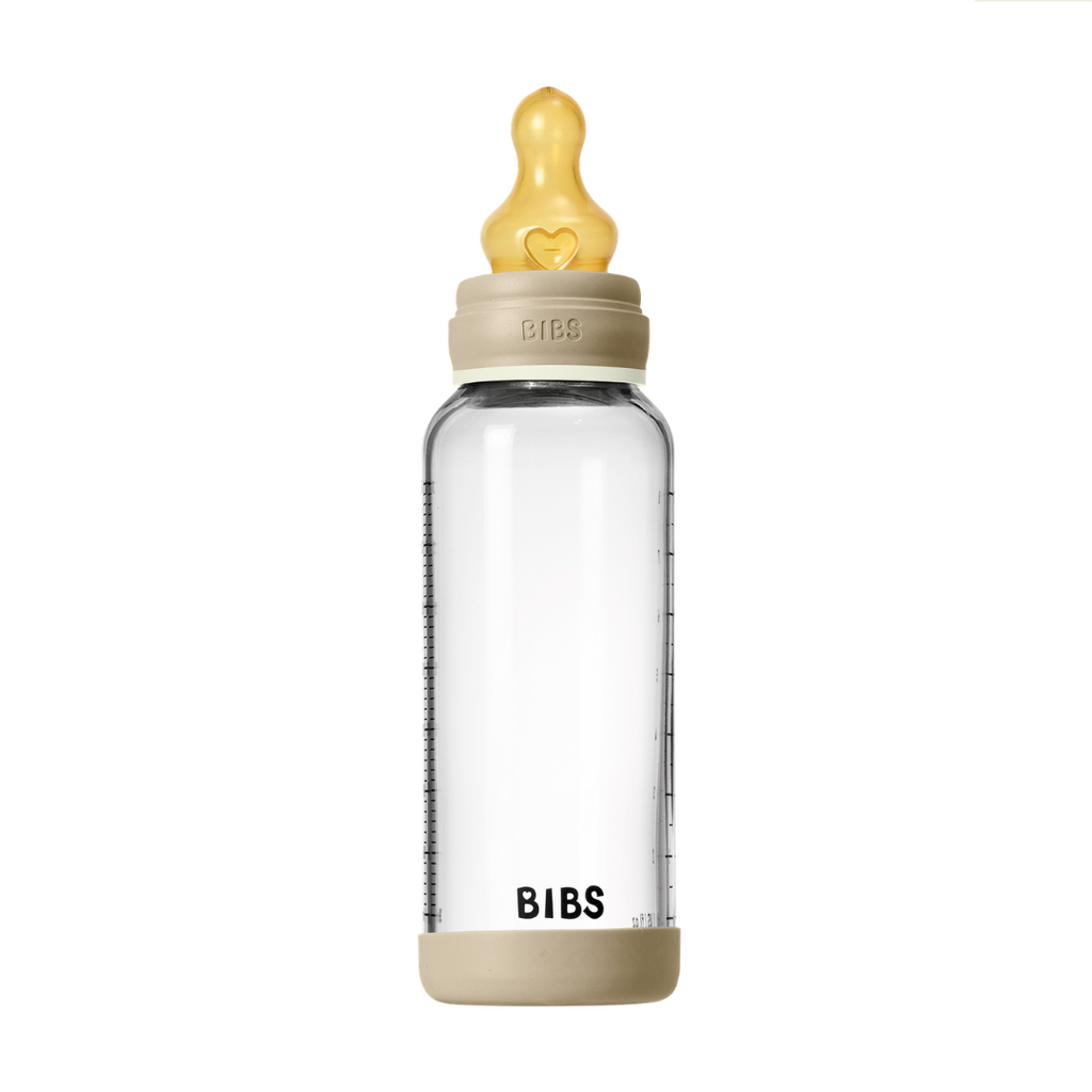 BIBS - Set complet biberon fosforescent din sticla anticolici cu tetina din latex, flux mediu, 240 ml, Vanilla Glow