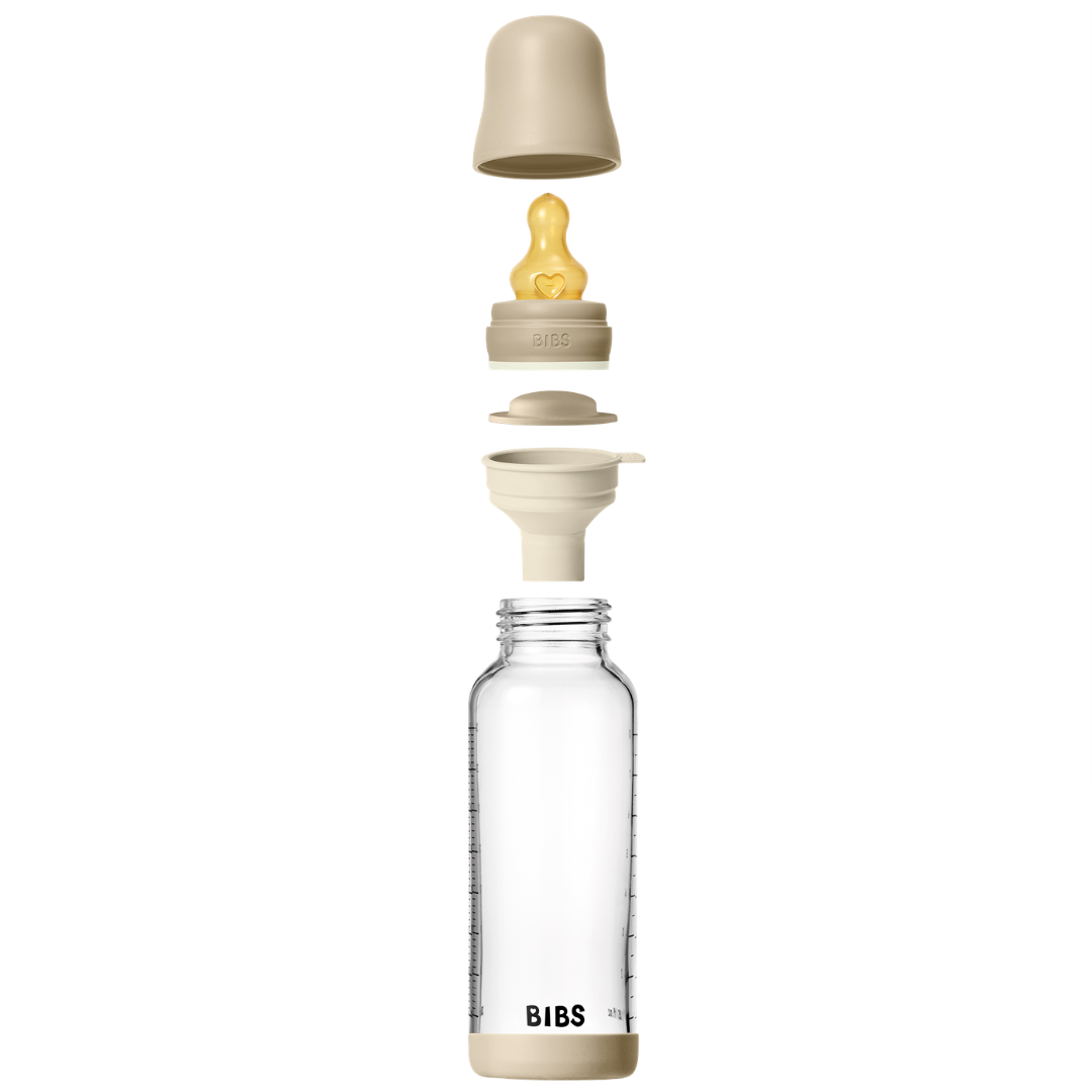 BIBS - Set complet biberon fosforescent din sticla anticolici cu tetina din latex, flux mediu, 240 ml, Vanilla Glow