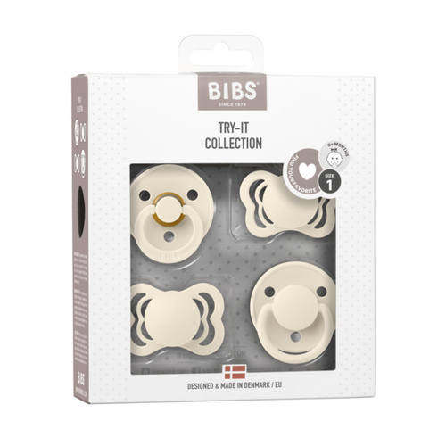 BIBS Set 4 suzete Try-it collection 0 luni+ cu tetina din latex si silicon, marime 0-6 luni