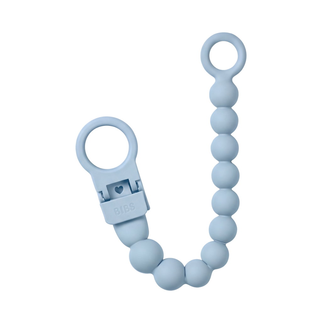 BIBS Clip pentru suzeta Beaded cu margele din silicon Baby Blue, actionare cu o singura mana