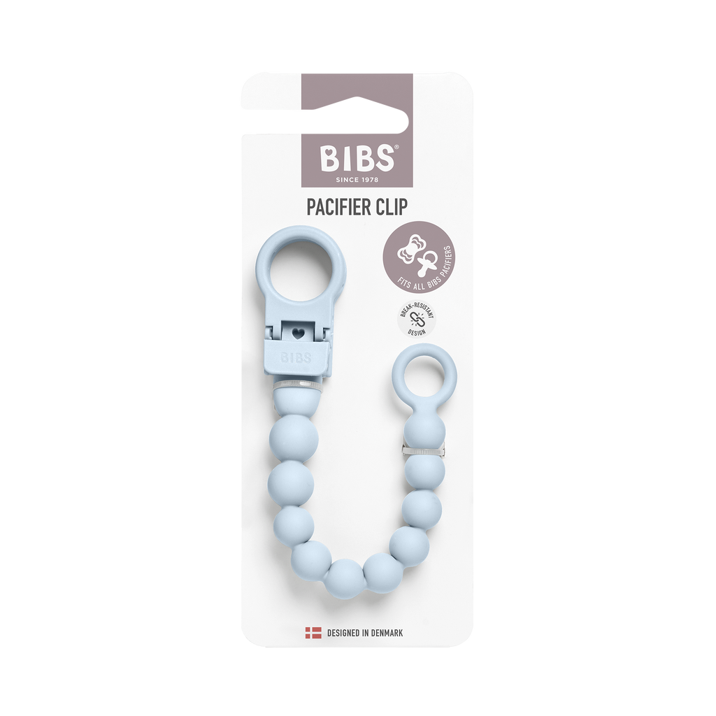 BIBS Clip pentru suzeta Beaded cu margele din silicon Baby Blue, actionare cu o singura mana