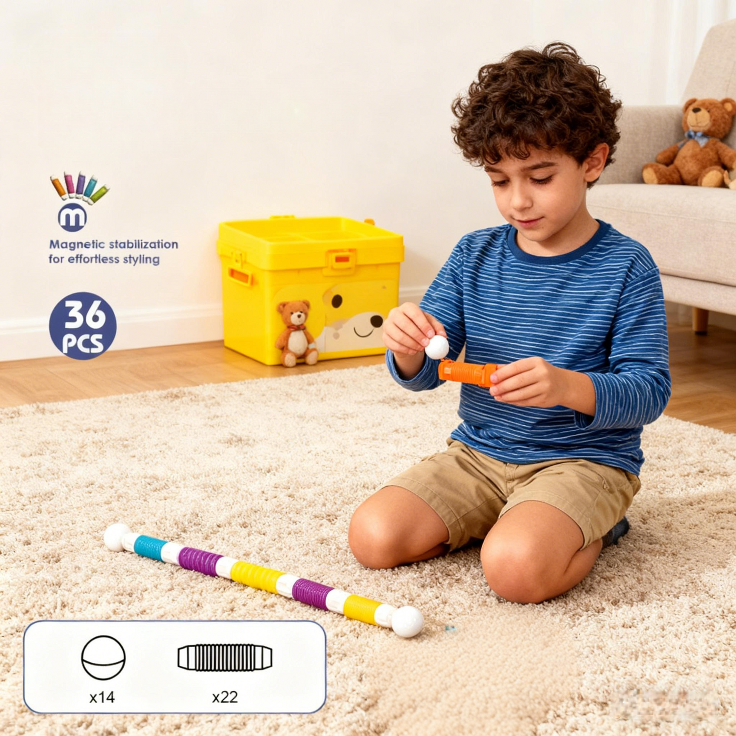 Set de constructie magnetic cu tuburi flexibile (36 piese)