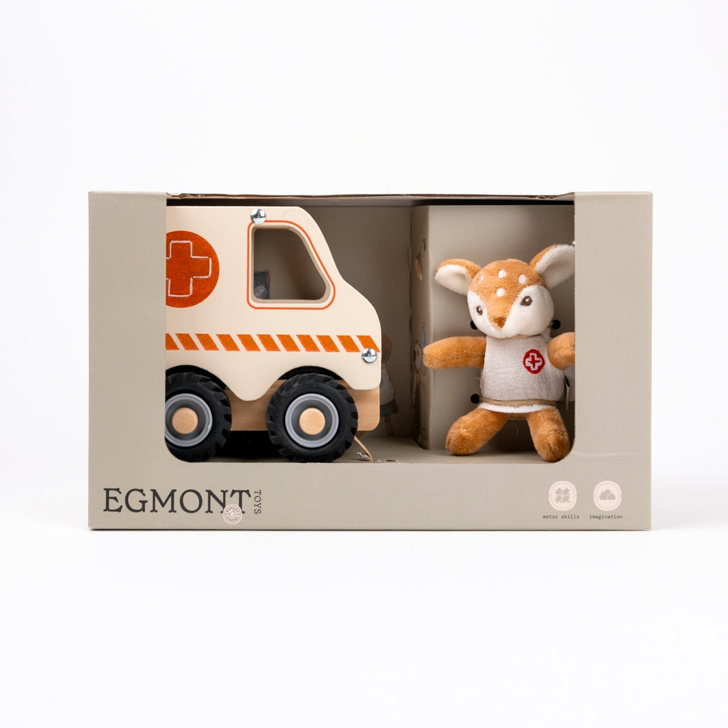 Egmont Toys Ambulanta din lemn cu mini figurina, 18 luni - 3 ani, lemn, conform EN71 si ASTM