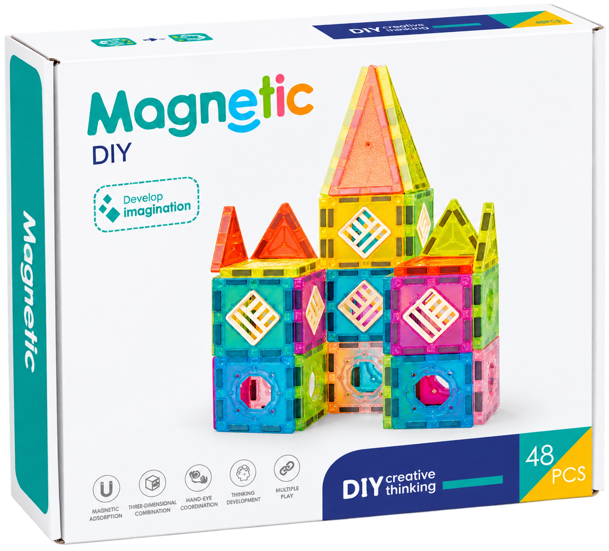 Bufnitel Set de construcție magnetic 48 piese din plastic, 5.5 cm, 3 ani+, construcții 2D și 3D