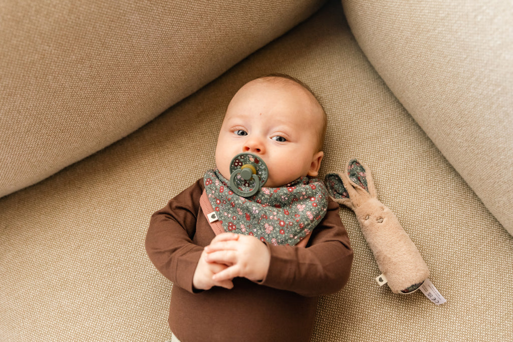 BIBS X Liberty Bundle - Set cutie cadou cu bavetica, cutie de suzeta, clip suzeta si jucarie multisenzoriala