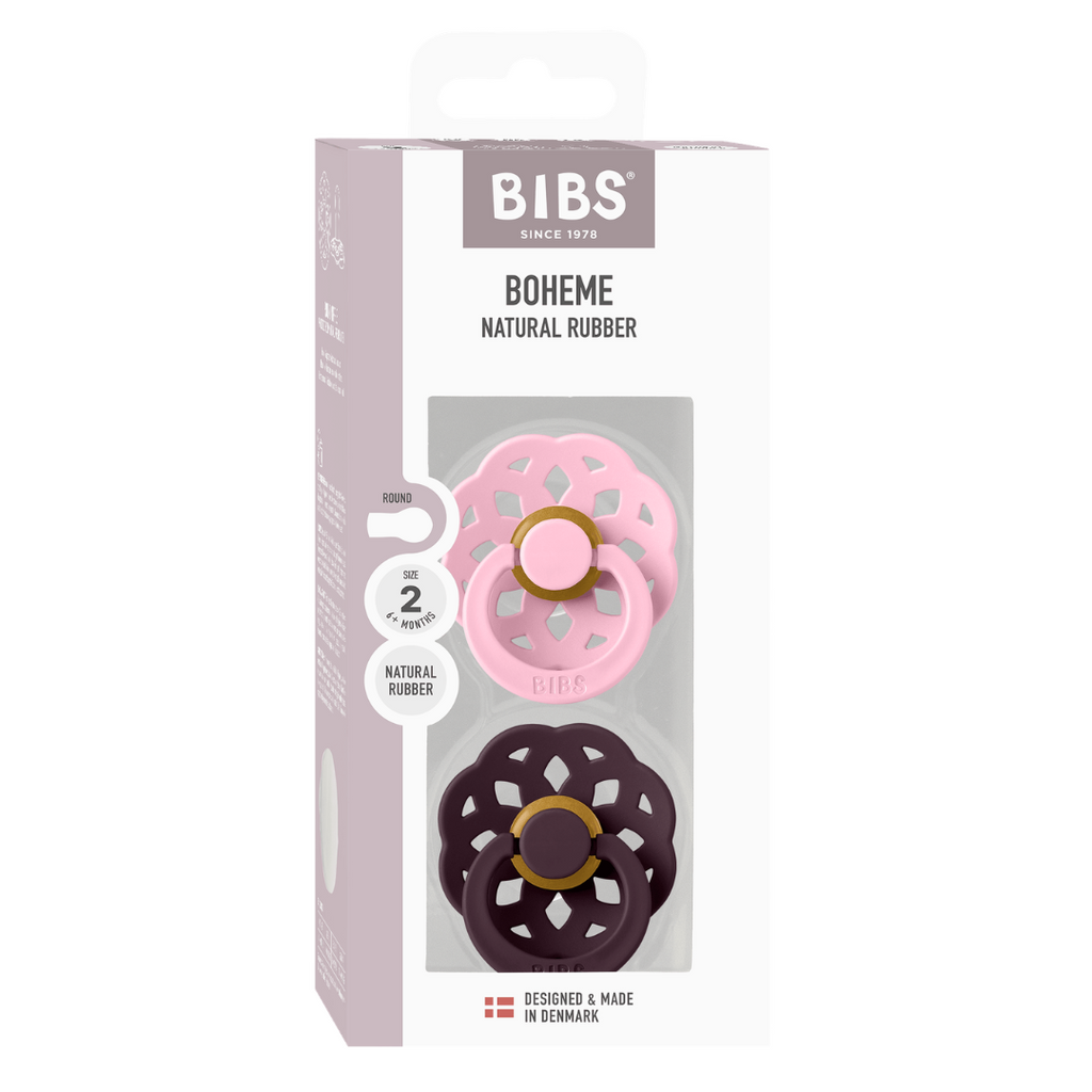 BIBS - Set 2 suzete Boheme Latex, tetina rotunda, 6 luni +-Baby Pink/Plum