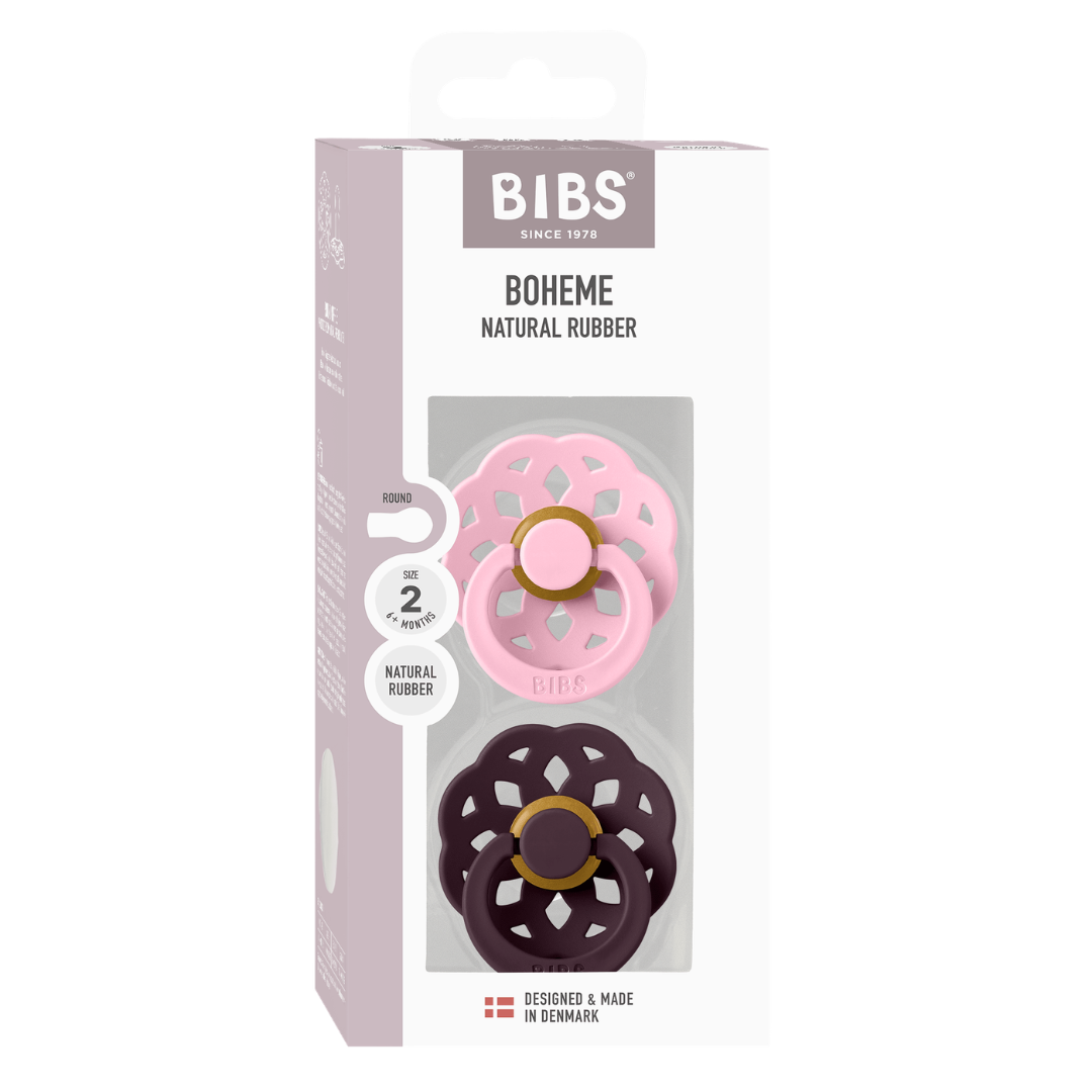BIBS - Set 2 suzete Boheme Latex, tetina rotunda, 6 luni +-Baby Pink/Plum