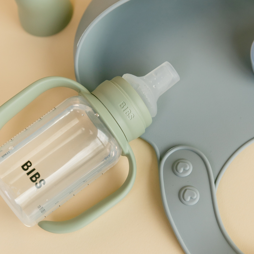BIBS - Set biberon tip Sippy Cup PP 150 ml cu cioc din silicon și sistem antipicurare, Ivory