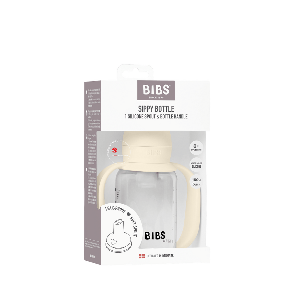BIBS - Set biberon tip Sippy Cup PP 150 ml cu cioc din silicon și sistem antipicurare, Ivory
