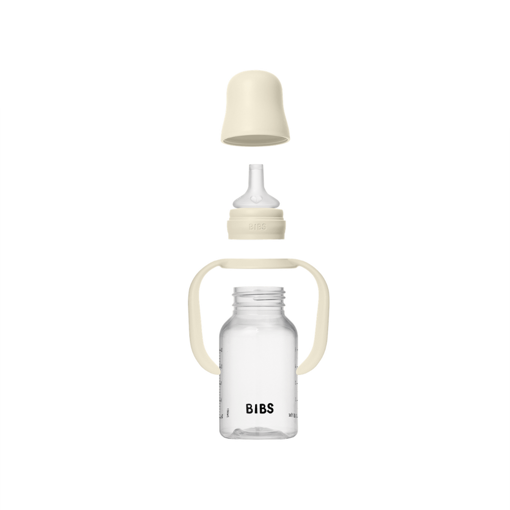 BIBS - Set biberon tip Sippy Cup PP 150 ml cu cioc din silicon și sistem antipicurare, Ivory