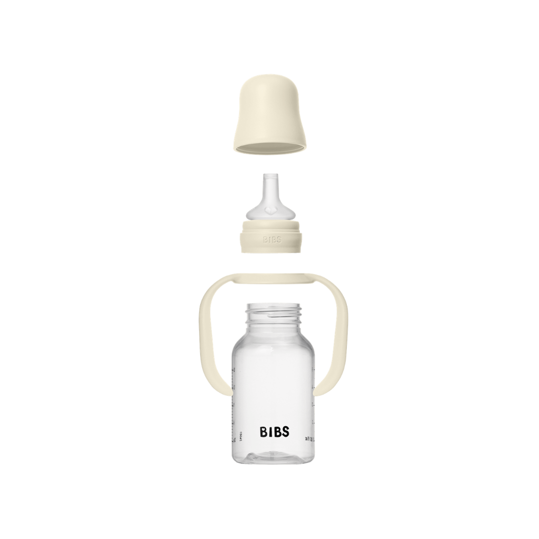 BIBS - Set biberon tip Sippy Cup PP 150 ml cu cioc din silicon și sistem antipicurare, Ivory
